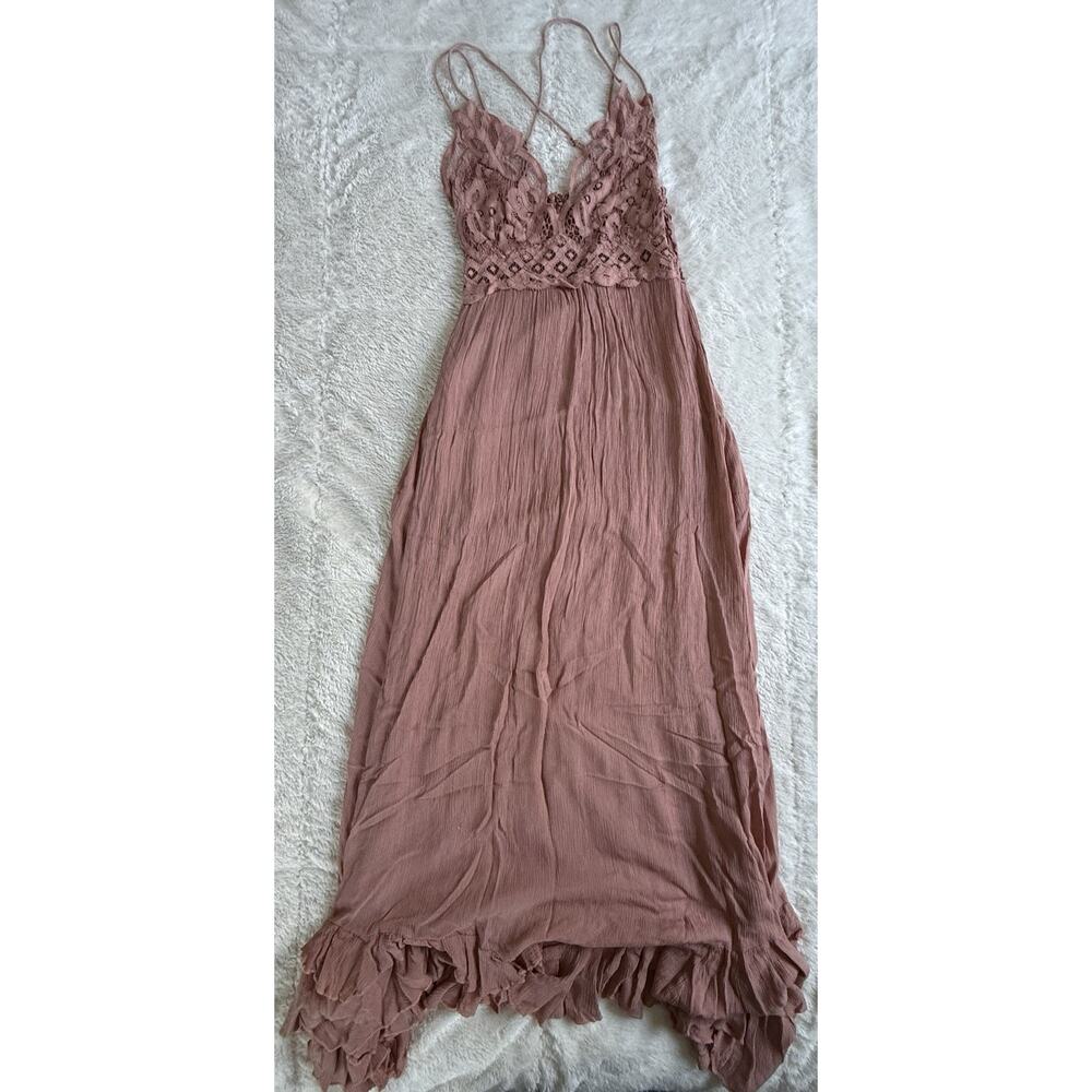 Free People One Adella Maxi Strappy Slip Dress Lace Bodice Rose Sz Medium